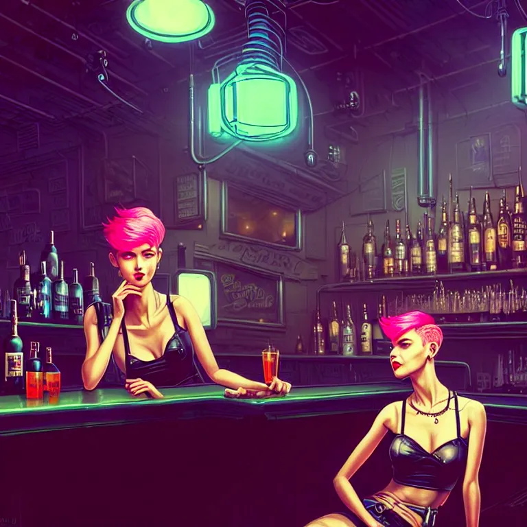 Prompt: a young sophisticated beautiful barmaid, dimly lit industrial grunge cyberpunk dive bar, dystopian retrofuturistic 1980s neon vibe, relaxed pose, sitting at the bar, pixie cut with shaved side hair, wild, highly detailed, digital painting, artstation, sharp focus, illustration, detailed painterly digital art style by WLOP and Cory Loftis + perfect facial symmetry + dim volumetric lighting, vibrant deep colors, 🍸, 8k octane beautifully detailed render, post-processing, extremely hyperdetailed, epic composition, grim yet sparkling atmosphere, cinematic lighting + masterpiece, Art Nouveau, unreal engine