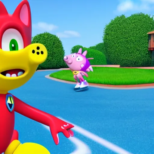 Prompt: sonic, peppa pig and the paw patrol crossover episode, cartoon network stillframe, hd,