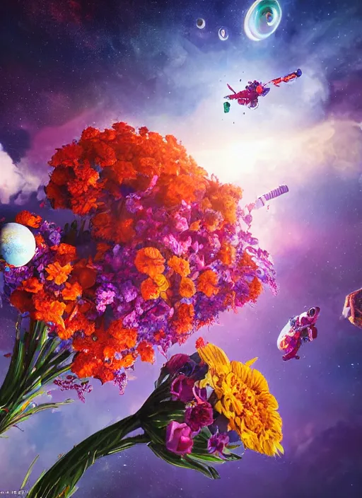 Image similar to An epic fantastic realism comic book style painting of the most beautiful flowers launched into space, bouquets, glorious galactic collision, sharp focus, fisheye, unreal 5, DAZ, hyperrealistic, octane render, dynamic lighting