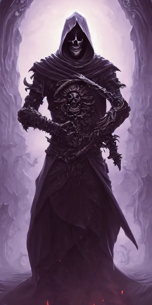 Image similar to necromancer with a skull face, full body shot, hood, d & d, dark, fantasy, dynamic pose, ethereal background, intricate, elegant, highly detailed, digital painting, artstation, concept art, matte, sharp focus, illustration, hearthstone, art by artgerm and greg rutkowski and alphonse mucha