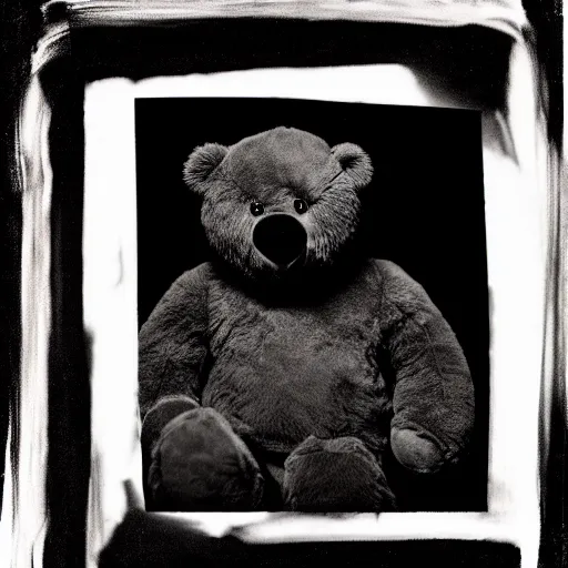 Image similar to a ( ( ( ( ( ( ( ( ( chiaroscuro lighting portrait ) ) ) ) ) ) ) ) ) ) of kanye west dressed as teddy bear mascot, black background, portrait by julia margaret cameron, shallow depth of field, 8 0 mm, f 1. 8