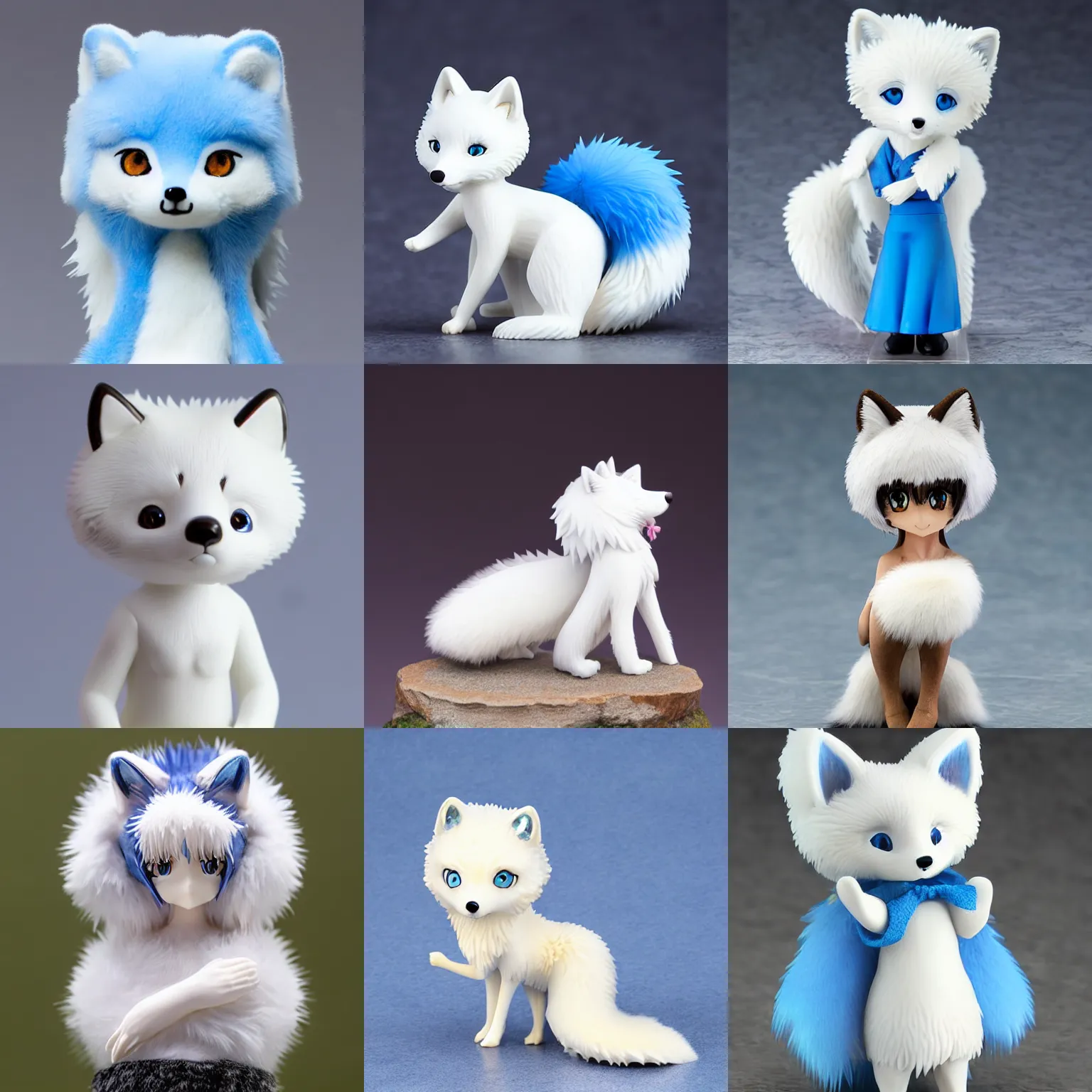 Prompt: anime figurine of a gorgeous arctic fox girl anthro wearing a top and skirt, blue moe eyes, fluffy ears, fluffy chest, dipstick tail, anthro furry figurine