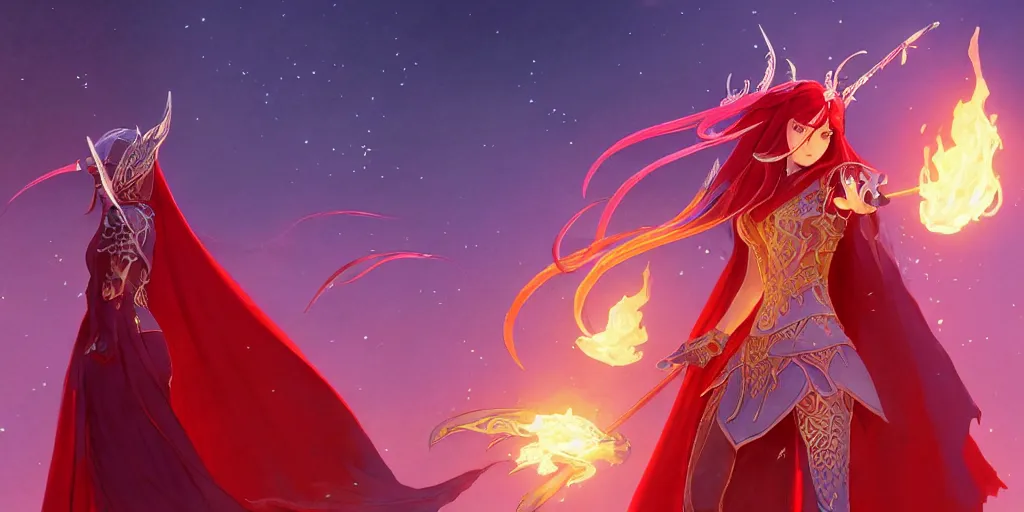 Image similar to an elven sorceress with red long hair in a very good beautiful heavy scale armor, wearing a cape, casting a fire spell, dungeon background, magical, bright, colorful, fantastic lighting, amazing details, 4 k uhd, illustration by hayao miyazaki and makoto shinkai and ilya kuvshinov, artstation, pixiv,