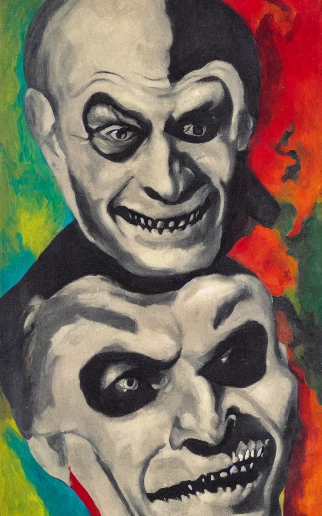 Image similar to portrait of conrad veidt the man who laughs freakish grin, award winning oil painting, sharp color palette