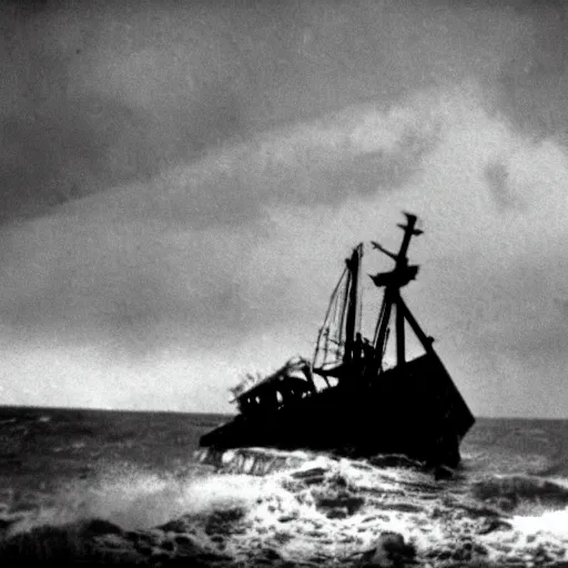 Image similar to shipwreck in thunderstorm, movie still, cinematic Eastman 5384 film