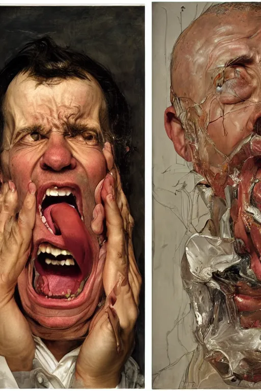 Prompt: portrait of one enraged man, part by Jenny Saville, part by Lucian Freud, part by Norman Rockwell