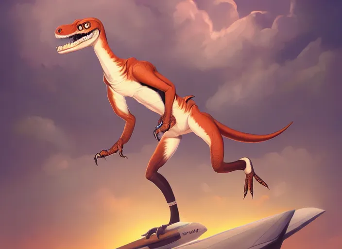 Image similar to character portrait feature of the anthro male anthropomorphic velociraptor fursona wearing airline pilot outfit uniform professional pilot character design stylized by charlie bowater, ross tran, artgerm, and makoto shinkai, detailed, soft lighting, rendered in octane, maldives in background