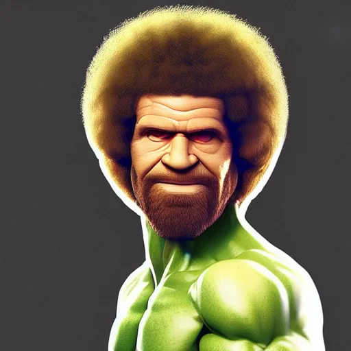 Image similar to photomanipulation of BOB ROSS as hulk, marvel, fully detailed, volumetric lightening, octane render, cinema 4D