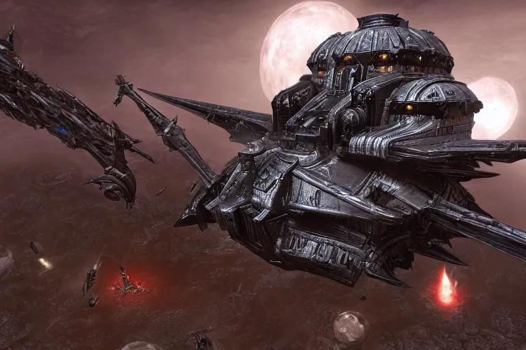 Image similar to monolothic space ship, warhammer 40k, dark souls 3 level, epic scale, gothic scifi