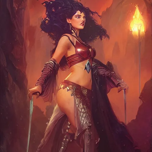 Prompt: a villainous, bewitching sorceress, auburn outfit, black hair, curvy crossfit build, fantasy character portrait by greg rutkowski, gaston bussiere, larry elmore