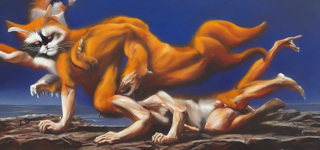 Prompt: oil painting of grumpy cat roaring as it steps over it's fallen enemy's bodies, boris vallejo, vibrant, high contrast