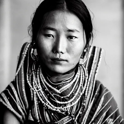 Image similar to a Sebastião Salgado's photograph of portrait a tibetan young woman wearing a traditional dress looking at the camera, high quality, award wining, 4k