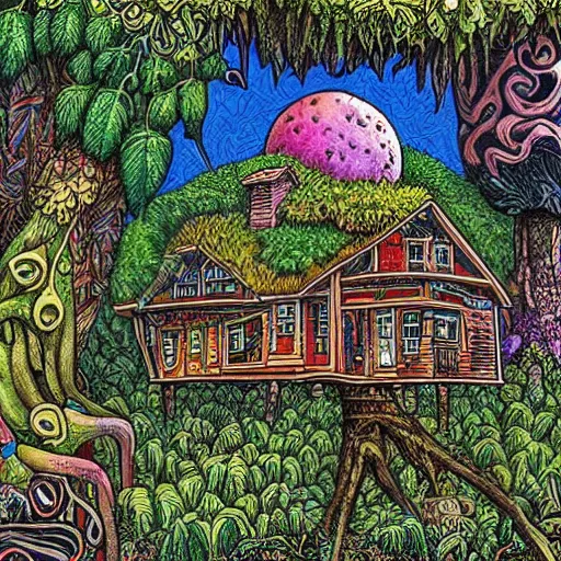Prompt: sticker of a home in the forest, highly detailed, trippy colors, exaggerated details, psychedelic mushrooms, by jack davis