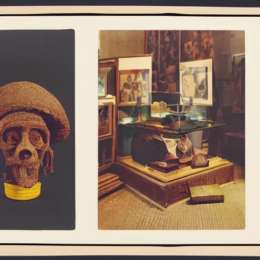 Image similar to A three color offset photography of a collection of objects on display, anthropology of wonder, exotic artifacts, colonial expedition, catalog exhibition, 60s