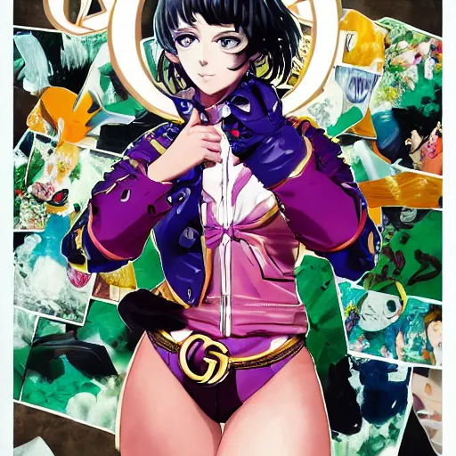 Image similar to Magazine Cover Anime key visual of a Gucci girl; official media; typography; drawn by Hirohiko Araki; Jojo's Bizarre Adventure; Jojolion, portrait, made by Stanley Artgerm Lau, WLOP, Rossdraws, James Jean, Andrei Riabovitchev, Marc Simonetti, Yoshitaka Amano, ArtStation