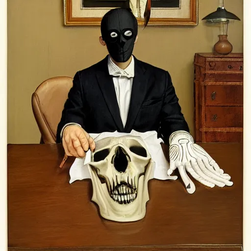 Prompt: portrait of a suited man with medical gloves and a skull mask, by Gerald Brom and Norman Rockwell