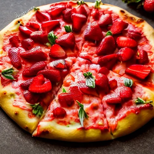 Image similar to a strawberry ((🍕)) made entirely out of 🍓, 🍓🍕 hybrid, 4k food photography,