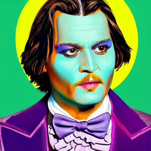 Image similar to portrait of johnny depp without mustache and beard as willy wonka, highly detailed, centered, solid color background, digital painting