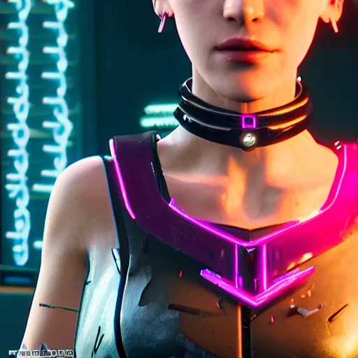 Image similar to female V from Cyberpunk 2077 wearing spiked choker, collar, choker, punk, collar, 4K, realistic, futuristic, neon,