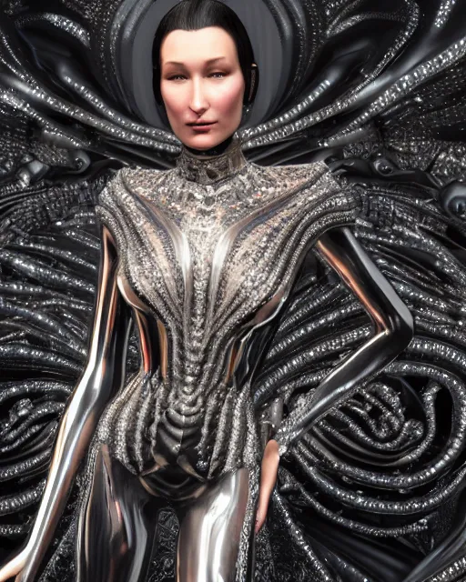 Image similar to a highly detailed metahuman 4 k close up render of a bella hadid as a black latex outfit monument renaissance in iris van herpen dress schiaparelli in diamonds crystals swarovski and jewelry iridescent in style of alphonse mucha gustav klimt trending on artstation made in unreal engine 4