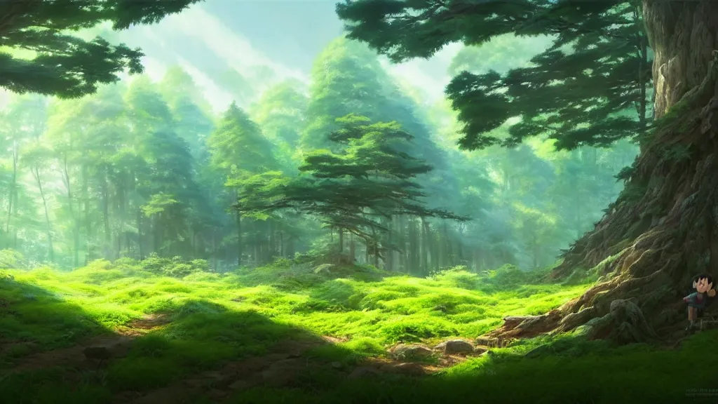 Image similar to forest clearing landscape, studio ghibli, pixar and disney animation, sharp, rendered in unreal engine 5, highly detailed, digital painting, artstation, concept art, smooth, sharp focus, illustration, wide angle, artbook, wallpaper, splash art, promo art, dramatic lighting, art by artgerm and greg rutkowski and bo chen and jin xiaodi