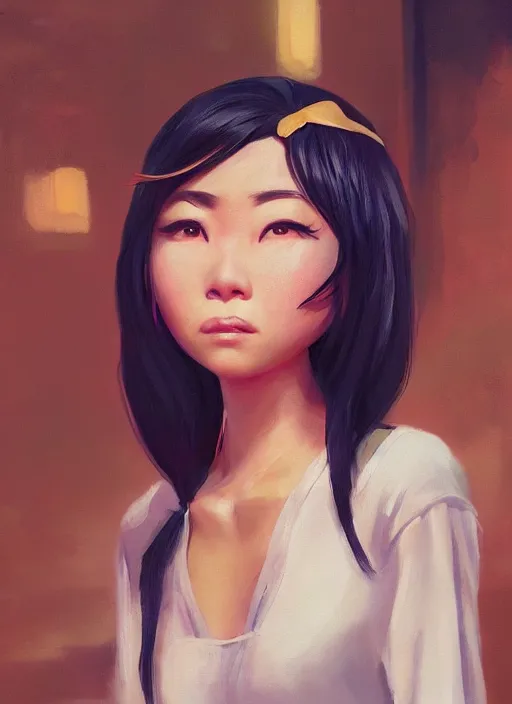 Image similar to a painting of cute Asian woman frowning, in the style of DreamWorks animation, low angle view, 16mm lens, award winning, mid-shot, hyper detailed, dramatic lighting, artstation, octane renderer, unreal engine
