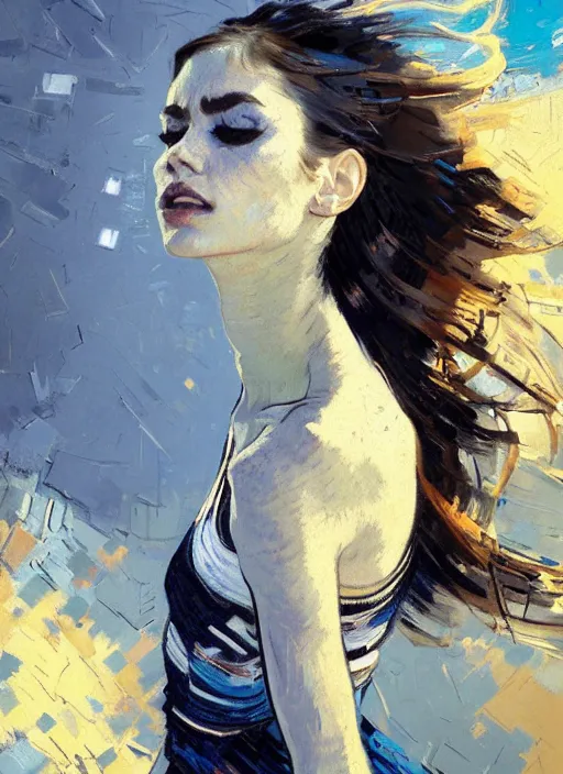 Image similar to portrait of beautiful girl, ecstatic, dancing, eyes closed, shades of blue and grey, new york backdrop, beautiful face, rule of thirds, intricate outfit, spotlight, by greg rutkowski, by jeremy mann, by francoise nielly, by van gogh, digital painting