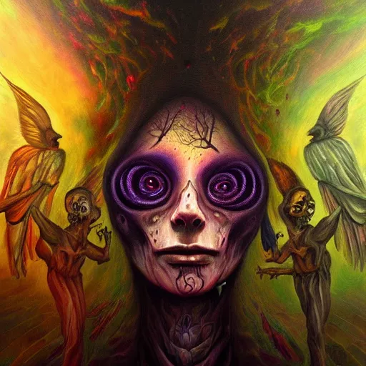 Image similar to brining healing to the underworld astral realm death journey in oil painting, trending on artstation, award winning, emotional, highly detailed dark surrealist art