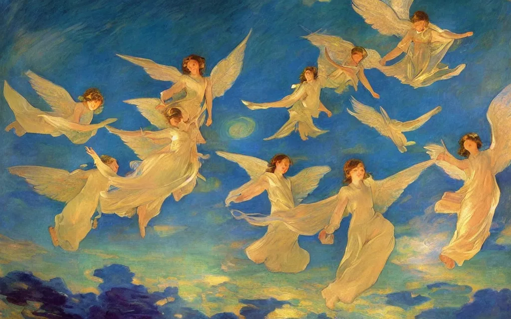 Image similar to vision of angels - a painting of an angel flying in the sky, with a group of angels flying beside it by joaquin sorolla and marianne north, style of japanese jade