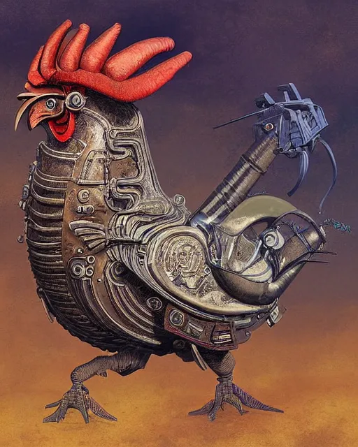 Image similar to digital painting of an angry and ominous mechanical rooster, by wayne barlowe and bob pepper and salvador dali, dieselpunk, highly detailed, intricate, sharp focus, portrait, talons, anatomy, beak, wings