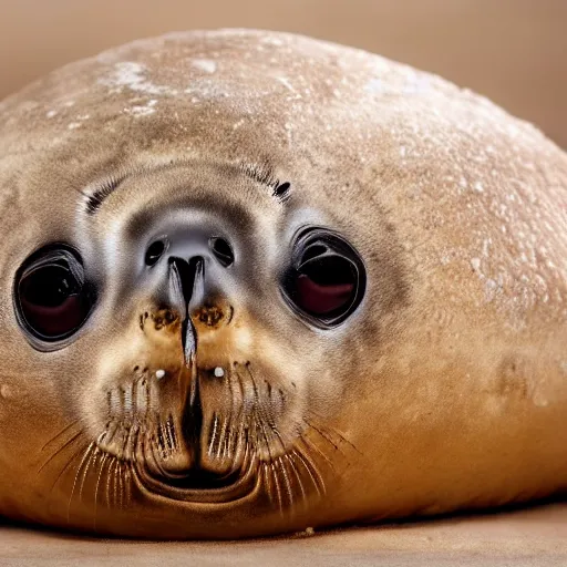 Prompt: baby seal disguised as a loaf of bread, hiding in a bakery, photo, detailed, 4k