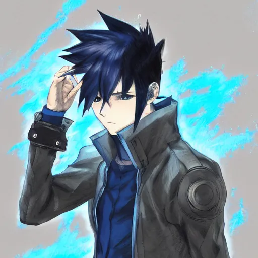 Prompt: An anime teen with a scar across his left eye, blue dyed hair with a black trench coat, drawn by Akihiko Yoshida in the style of Bravely Default II, highly detailed, trending on art station, sci-fi themed, dynamic posing