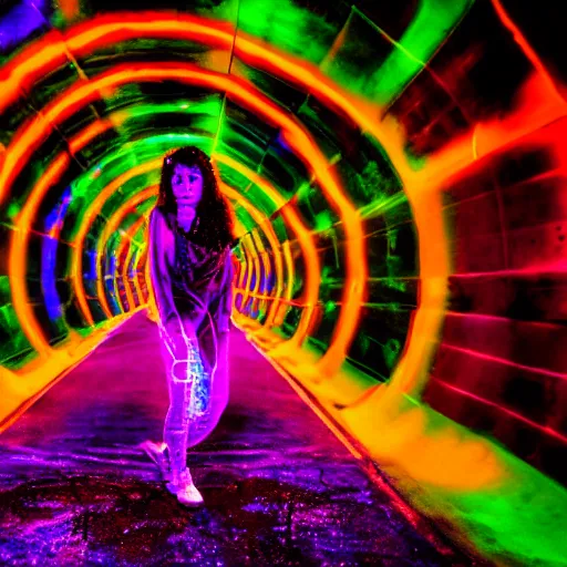 Image similar to woman on an acid trip through a tunnel, neon volumetric lights,