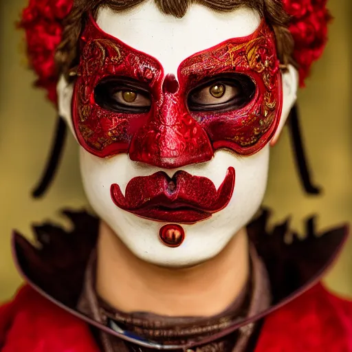 Image similar to highly detailed portrait photography steered gaze of a stern face, wearing a red venetian mask, in autumn, 105mm f2.8 at the grand budapest hotel