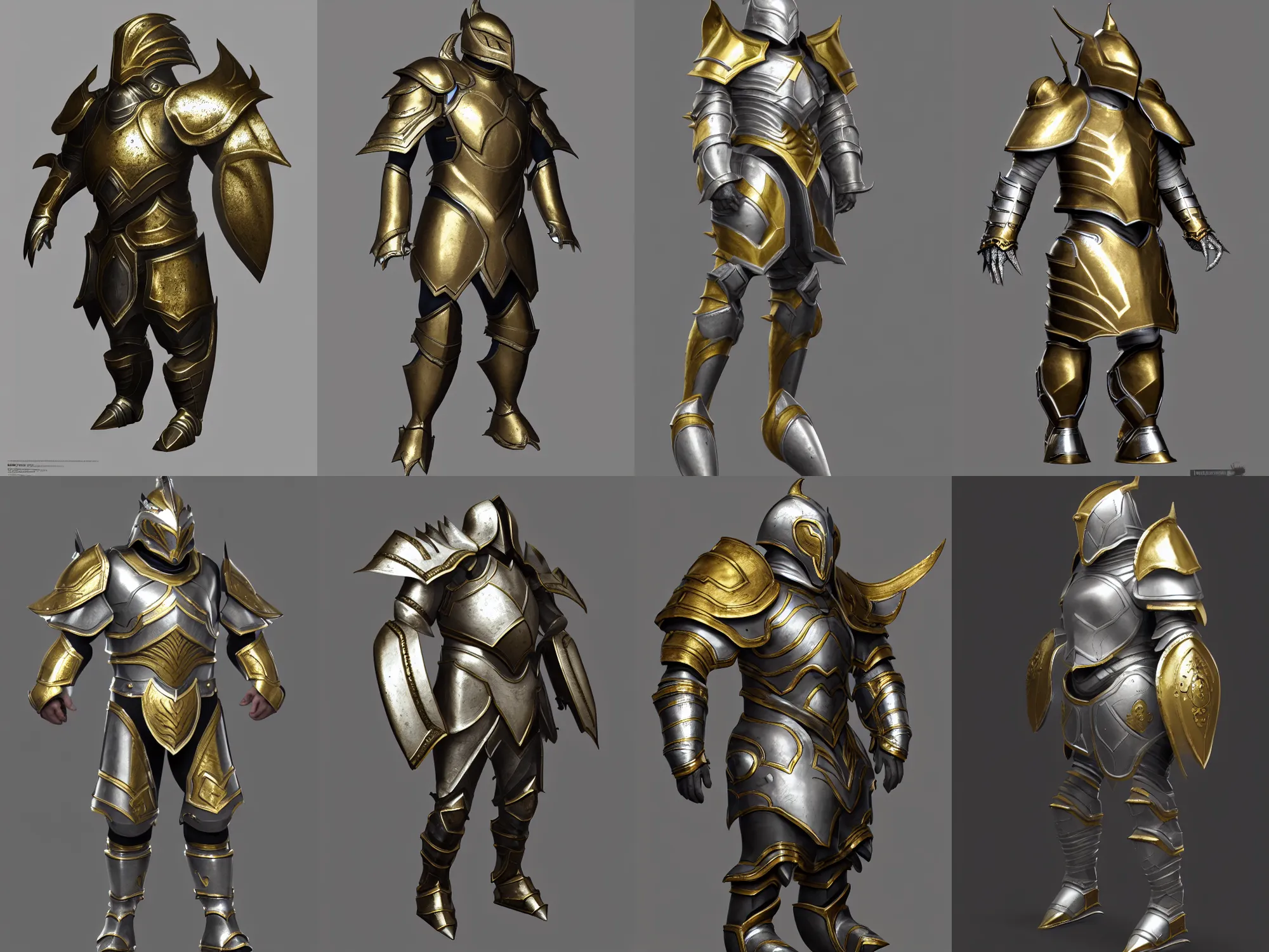 Prompt: render of heavy fantasy armor for a noble, silver with gold trim, hyperrealistic, extremely clean, flat shading, exaggerated proportions, trending on Artstation, fantasy character concept, HD Octane render