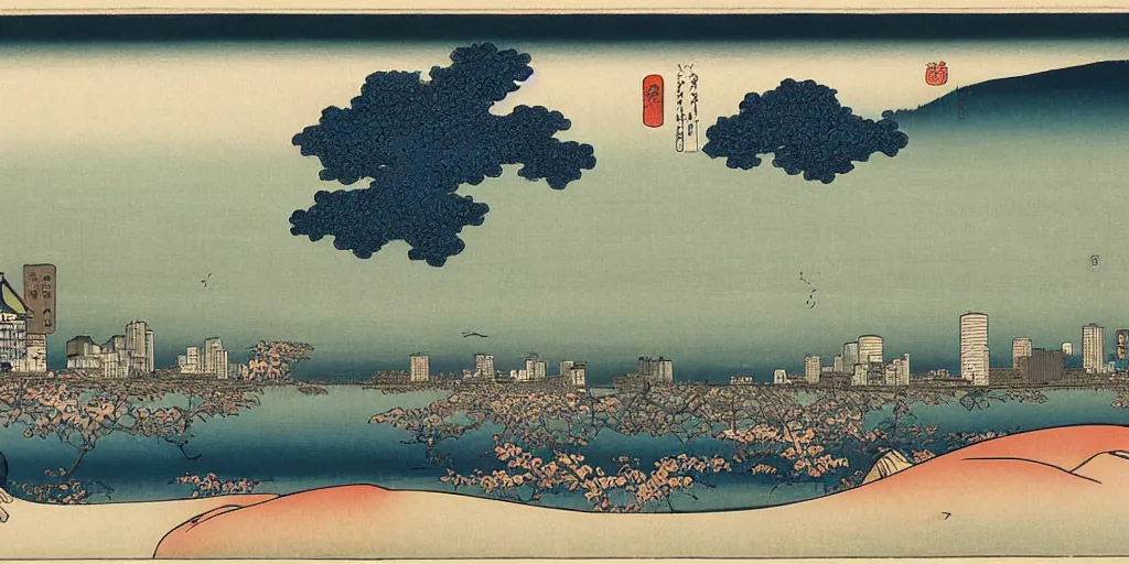 Image similar to ukiyo-e lanscape portrait of the Boston Skyline by hokusai