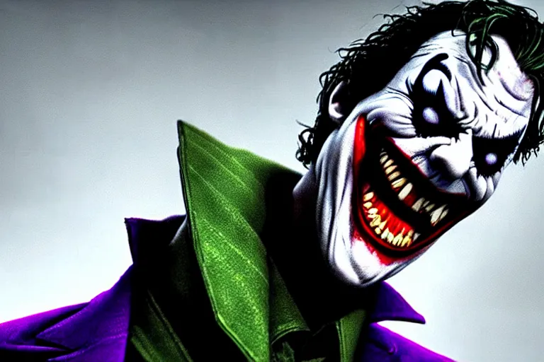 Image similar to Joker imitates Spider-Man and laughs, scary scene, top horrible creatures, horrible, horror films, film on real events, horrors filmed on camera, fangs and drool, jaw and tongue, man is terrified, fear, darkness, basement, 8k, hyper-realistic, ray tracing, night, flashlight