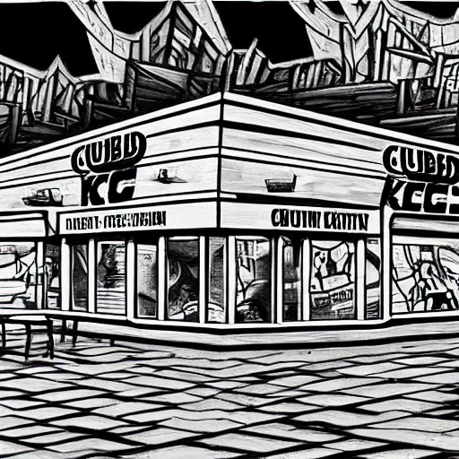 Image similar to black and white line drawing of a post apocalyptic kfc restaurant, cubism, high quality