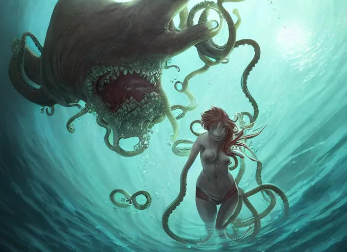 Prompt: a desperate struggle to escape the tentacled dark watery depths. drowning, alone, monster, kraken, person underwater, pa works, kyoani, studio orange, anime, contrast, pixiv, artstation, by satoshi kon, by peter mohrbacher