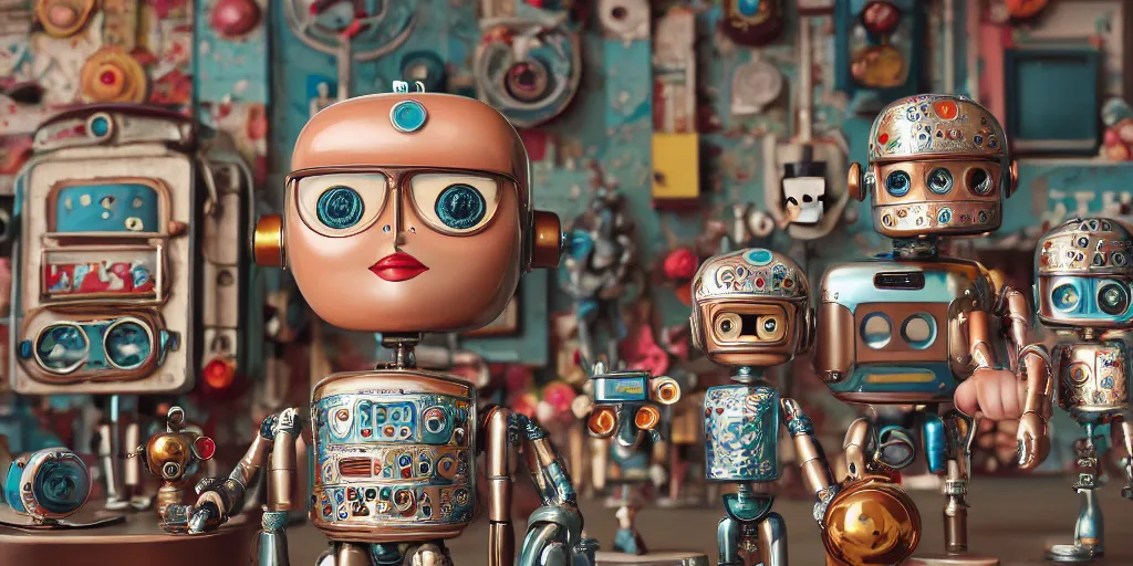 Image similar to closeup portrait of tin toy retro living room of robot family, depth of field, zeiss lens, detailed, centered, fashion photoshoot, by nicoletta ceccoli, mark ryden, lostfish, breathtaking, 8 k resolution, extremely detailed, beautiful, establishing shot, artistic, hyperrealistic, octane render, - h 8 0 4