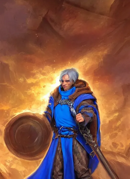 Prompt: bright blue cloak male priest, ultra detailed fantasy, dndbeyond, bright, colourful, realistic, dnd character portrait, full body, pathfinder, pinterest, art by ralph horsley, dnd, rpg, lotr game design fanart by concept art, behance hd, artstation, deviantart, hdr render in unreal engine 5