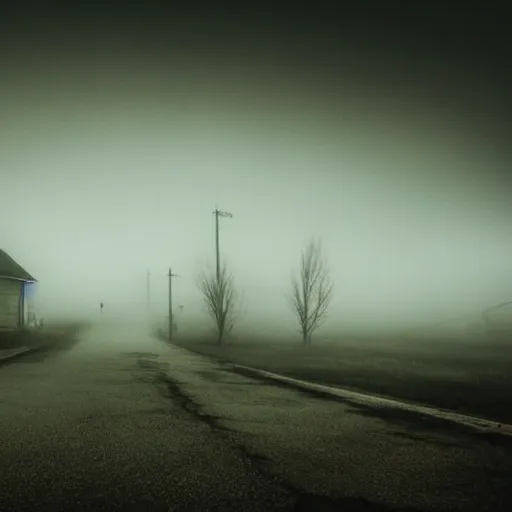 Image similar to creepy town covered in heavy fog with monsters in the distance