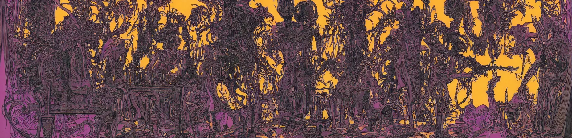 Image similar to chess set, taro deck card king and psychedelic grainshading print by moebius, richard corben, wayne barlowe, cyberpunk comic cover art, psychedelic triangular skeleton, very intricate, thick outline, full body, symmetrical face, long black crown, in a shapes background, galactic dark colors