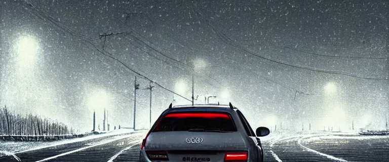 Image similar to Audi A4 B6 Avant (2002), a gritty neo-noir, Robot horror, dramatic bright lighting, cinematic, establishing shot, extremely high detail, photorealistic, cinematic lighting, artstation, by simon stalenhag, Snowy italian road, Snowy Apennines, At night, Poets of the Fall - Late Goodbye