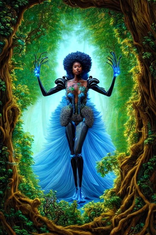 Image similar to hyperrealistic post - rococo super beautiful! black woman with exoskeleton armor, merging with tree in a forest, highly detailed digital art masterpiece smooth cam de leon hannah yata dramatic pearlescent blue teal light ground angle hd 8 k sharp focus