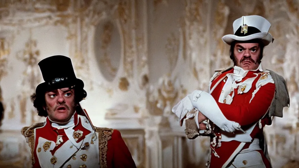 Prompt: jack nicholson starring as napoleon in stanley kubrick's movie of napoleon, seventies cinema, vintage, by stanley kubrick, jack nicholson as napoleon, cinematic lighting, ultra realistic, panavision, wide screen, saturated color