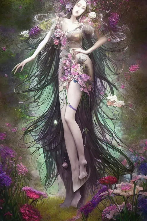 Prompt: fullbody artwork of a goddess of dreams, wearing a long and tight flowery dress, intricate, prism, flowey, wispy, wide hips, attractive character, intangiable, dreamy, Character concept by yoshitaka amano, WLOP, black lipstick, black eyeliner, black eyeshadow, mystical, matte painting, highly detailed, symmetrical face and body, artstationhd, color scheme by dominik mayer, character design, trending on Artstation