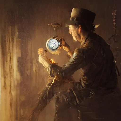 Image similar to an old watchmaker repairing an old pocket watch in a dark store, steampunk, painted by fenghua zhong and ruan jia and jeremy lipking and peter mohrbacher, mystical colors, rim light, beautiful lighting, 8 k, stunning scene, raytracing, octane, trending on artstation