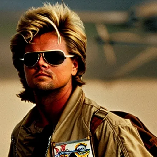 Image similar to Leonardo DiCaprio as maverick in top gun