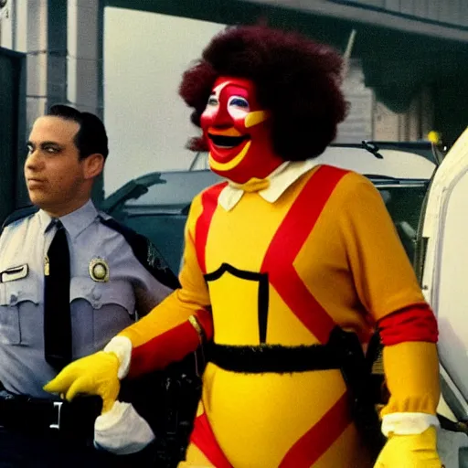 Image similar to Ronald McDonald being arrested in an early morning raid by the FBI